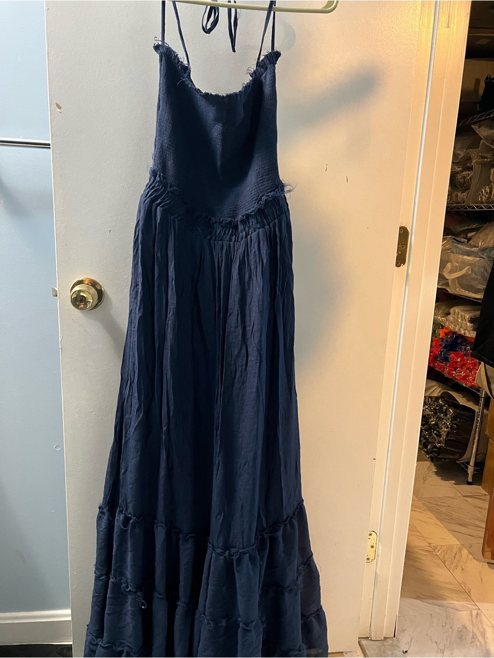 Girls Navy Maxi Dress with Smocked Bodice and Spaghetti Straps
